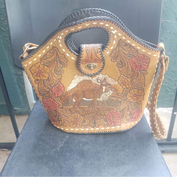 Hand Crafted Handbags - Vintage Hand tooled genuine Leather Tote